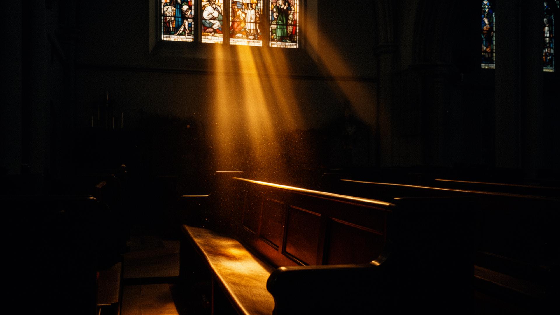 Empty pew lit by a single beam of golden light through stained glass